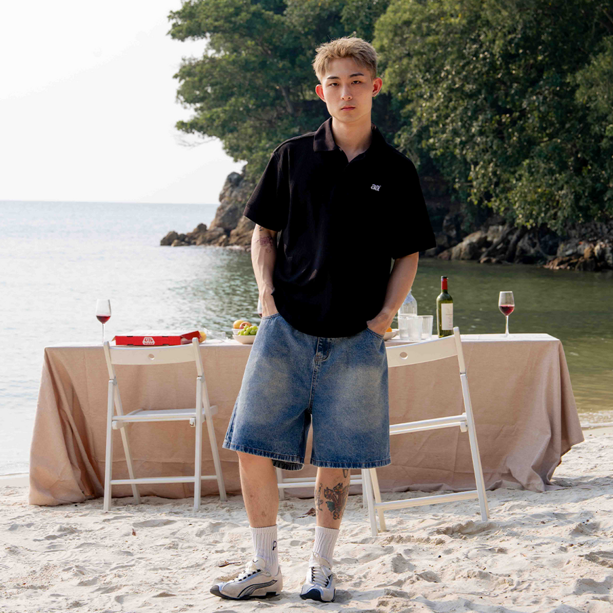 A.A Pleated Light Blue Denim Shorts