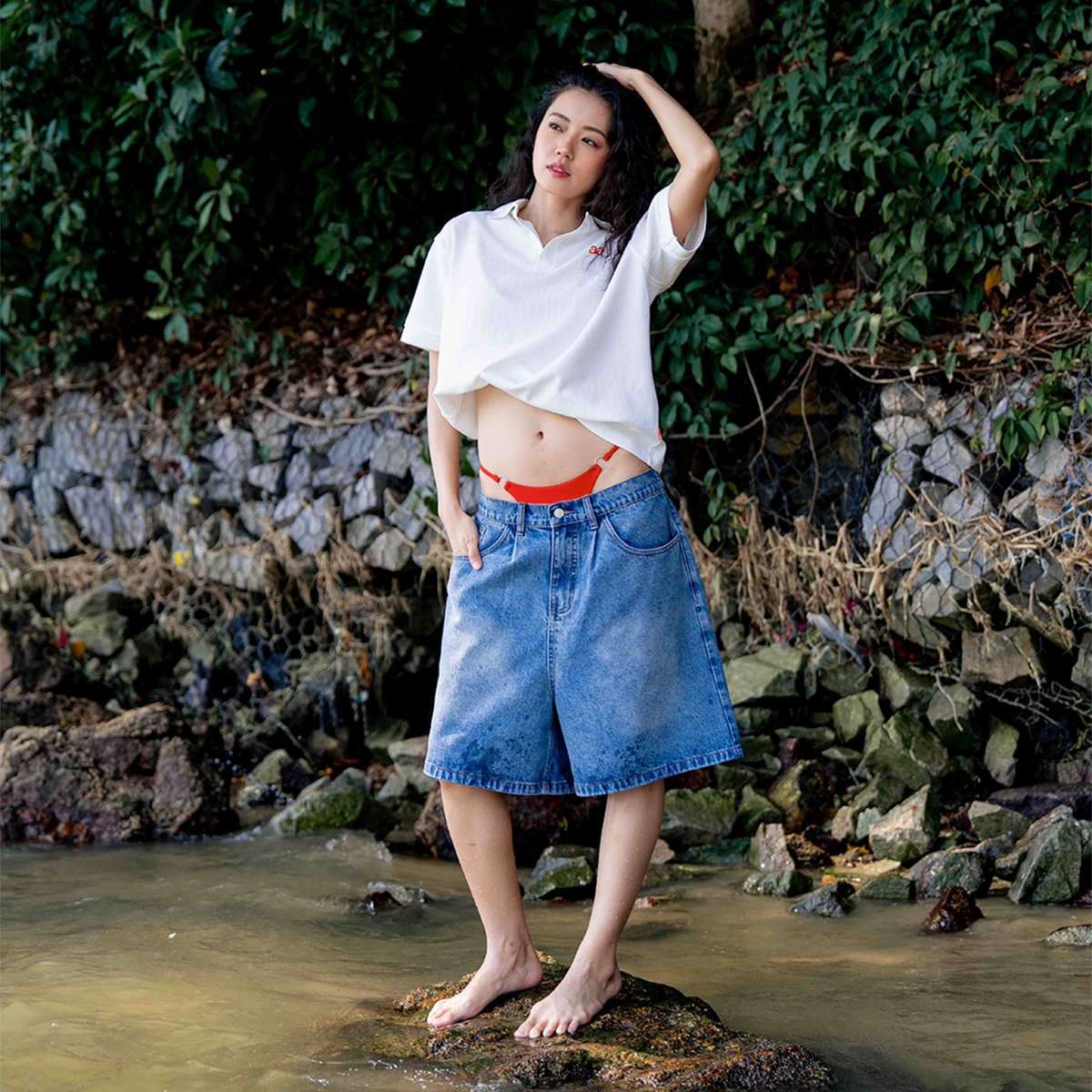 A.A Pleated Light Blue Denim Shorts