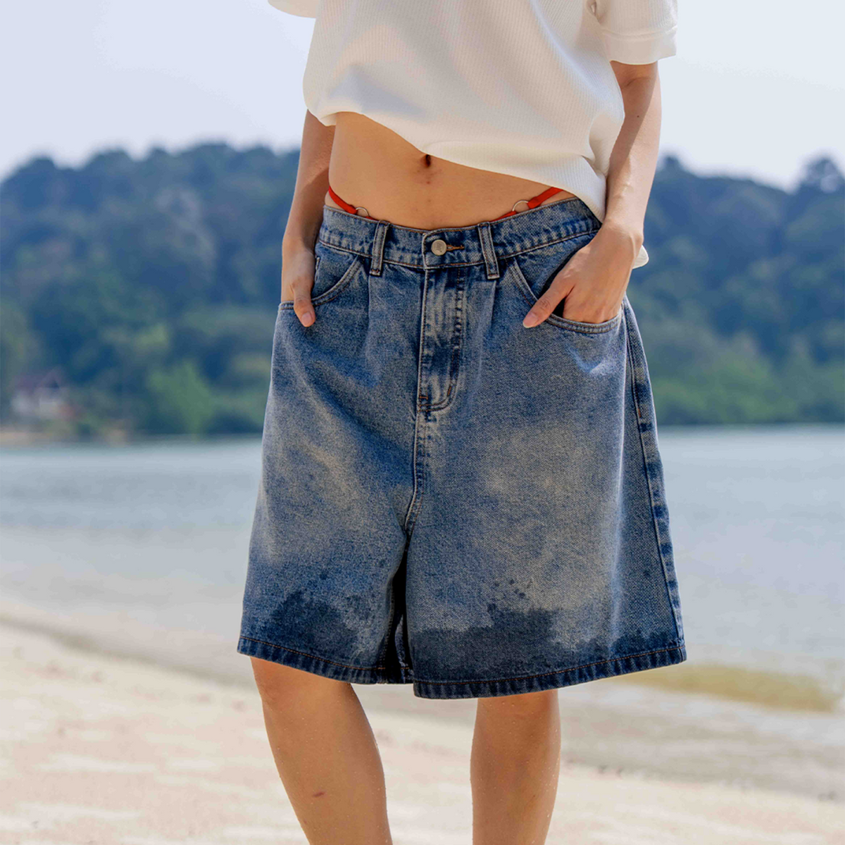A.A Pleated Light Blue Denim Shorts