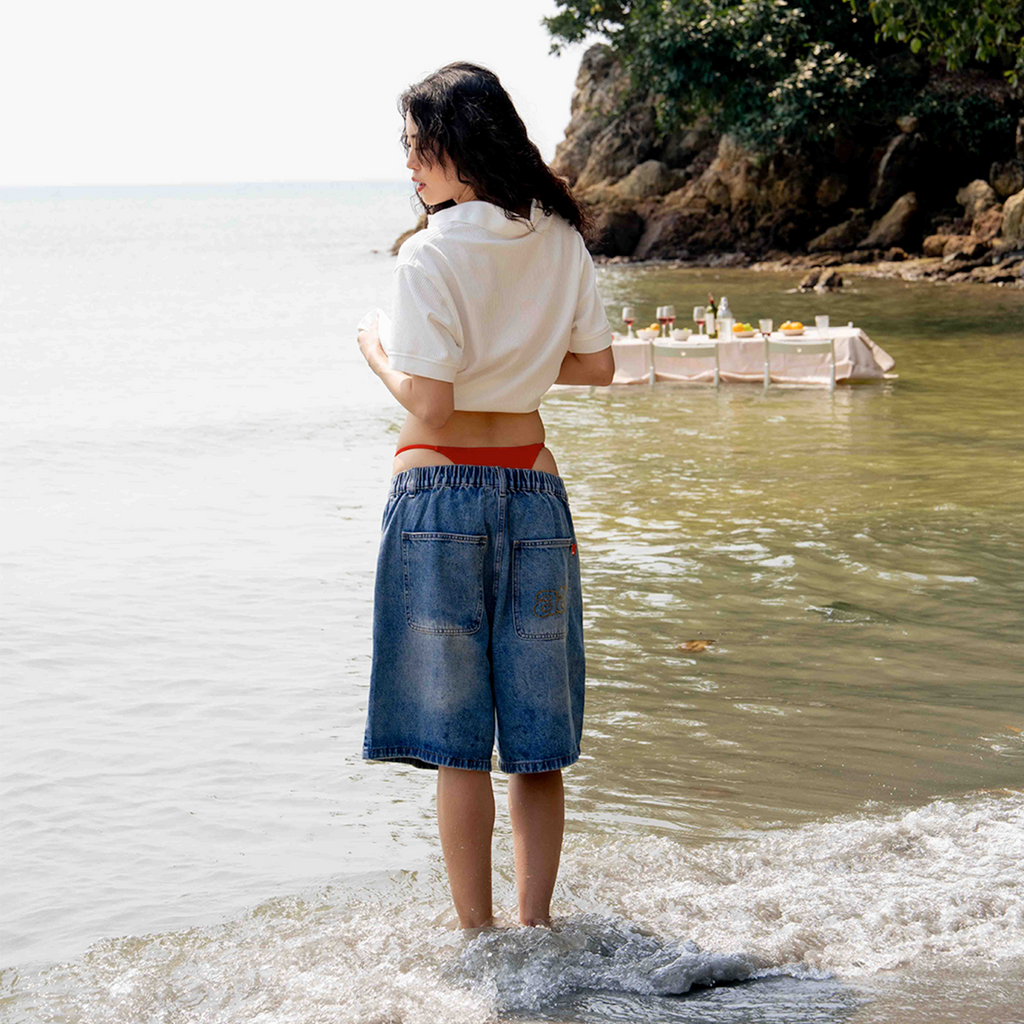 A.A Pleated Light Blue Denim Shorts