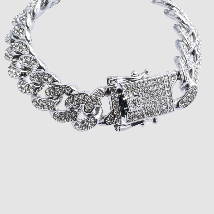 Glass Stone Cuban Bracelet Silver